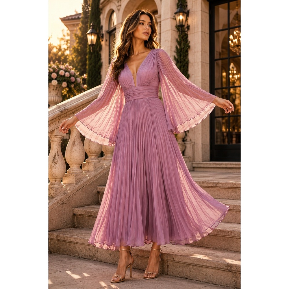 NWT Cinderella Divine Pleated Chiffon Gown 8 Blossom Pink CD242 Bell Sleeve